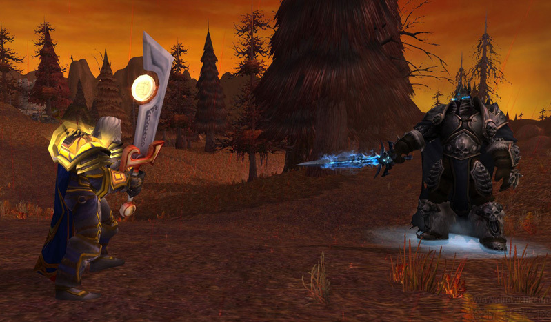 弗丁手持净化的灰烬使者，与巫妖王对峙