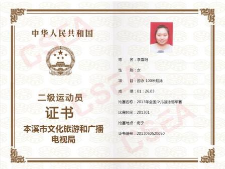 李雪琴二级运动员证书